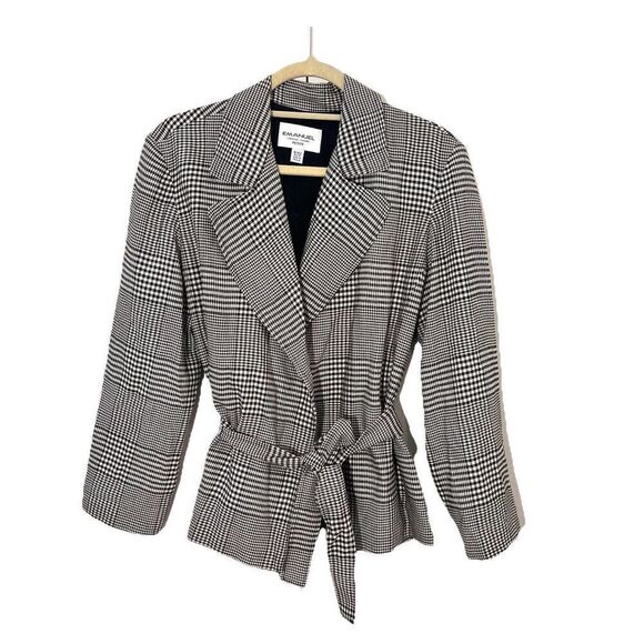 Emanuel Ungaro Wrap Jacket Womens 8P Wool Blend Houndstooth Plaid Academia - Picture 1 of 6